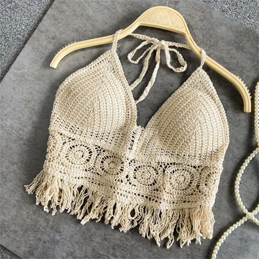 Women Summer Beach Boho Crop Tops Sexy Y2K Knitted Backless Hollow Out Tank Tops Crochet Tassels Hem Halter Bras Bustier Top
