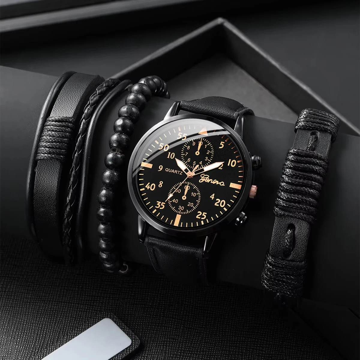 4PCS Men's Business Watches Fashion Leather Band Analog Quartz Watch with Woven Bracelets Set(Without Box)