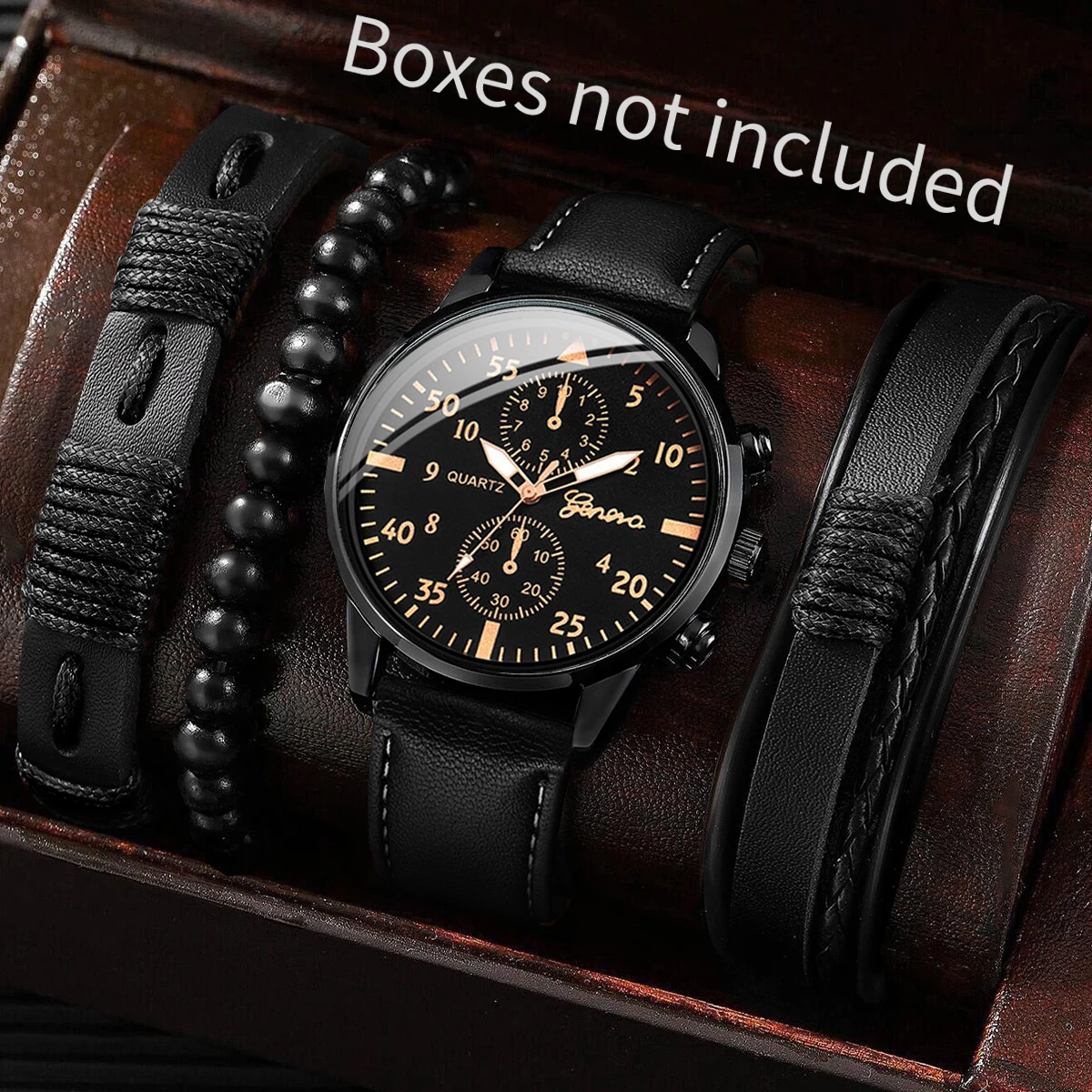 4PCS Men's Business Watches Fashion Leather Band Analog Quartz Watch with Woven Bracelets Set(Without Box)