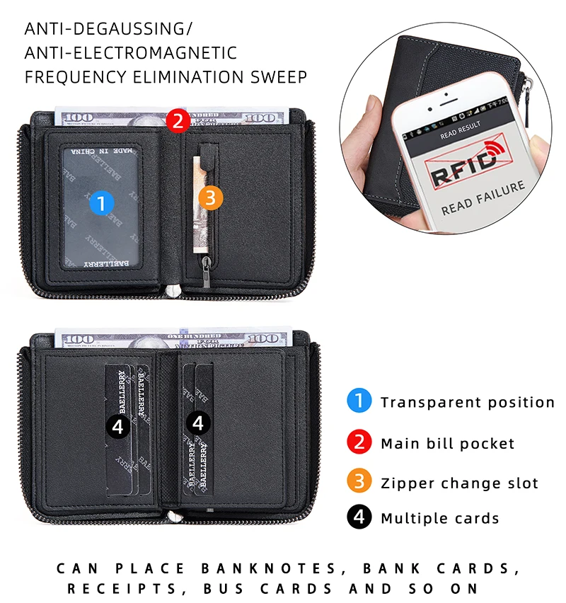 Baellerry RFID Simple Short Men Zipper Wallets Luxury Brand Card Holder Male Wallet Photo Holder Coin Pocket Man Money Clips