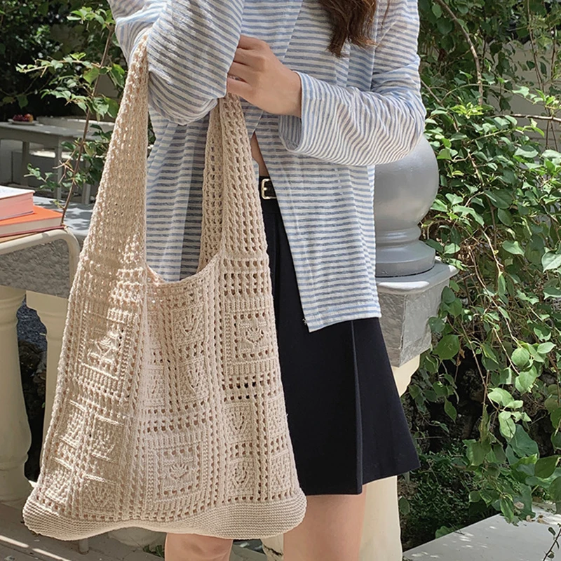Simple Crochet Tote Bags Fashion Hollow Knitted Women's Bags Casual Female Shoulder Bags Ladies Shopping Top-Handle Bags Handbag