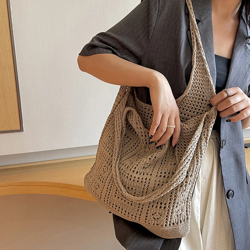 Simple Crochet Tote Bags Fashion Hollow Knitted Women's Bags Casual Female Shoulder Bags Ladies Shopping Top-Handle Bags Handbag