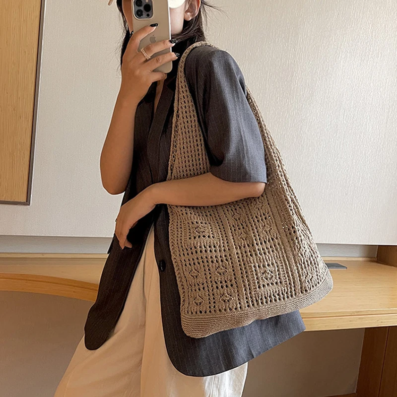Simple Crochet Tote Bags Fashion Hollow Knitted Women's Bags Casual Female Shoulder Bags Ladies Shopping Top-Handle Bags Handbag