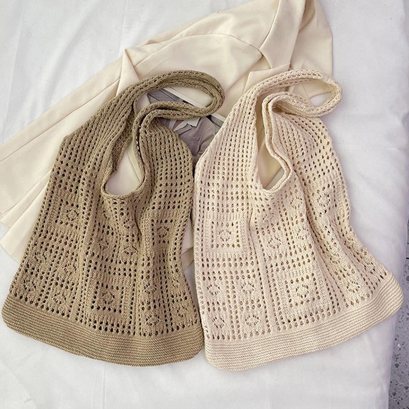 Simple Crochet Tote Bags Fashion Hollow Knitted Women's Bags Casual Female Shoulder Bags Ladies Shopping Top-Handle Bags Handbag