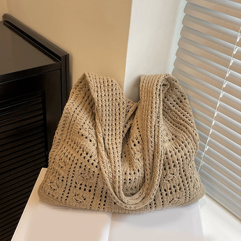Simple Crochet Tote Bags Fashion Hollow Knitted Women's Bags Casual Female Shoulder Bags Ladies Shopping Top-Handle Bags Handbag