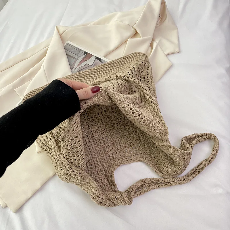 Simple Crochet Tote Bags Fashion Hollow Knitted Women's Bags Casual Female Shoulder Bags Ladies Shopping Top-Handle Bags Handbag
