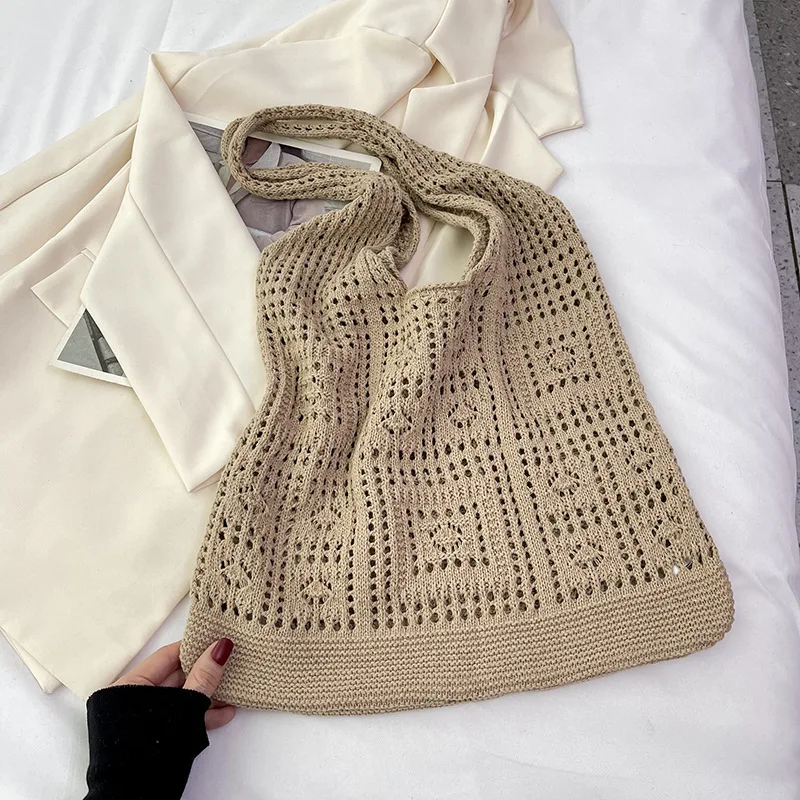 Simple Crochet Tote Bags Fashion Hollow Knitted Women's Bags Casual Female Shoulder Bags Ladies Shopping Top-Handle Bags Handbag