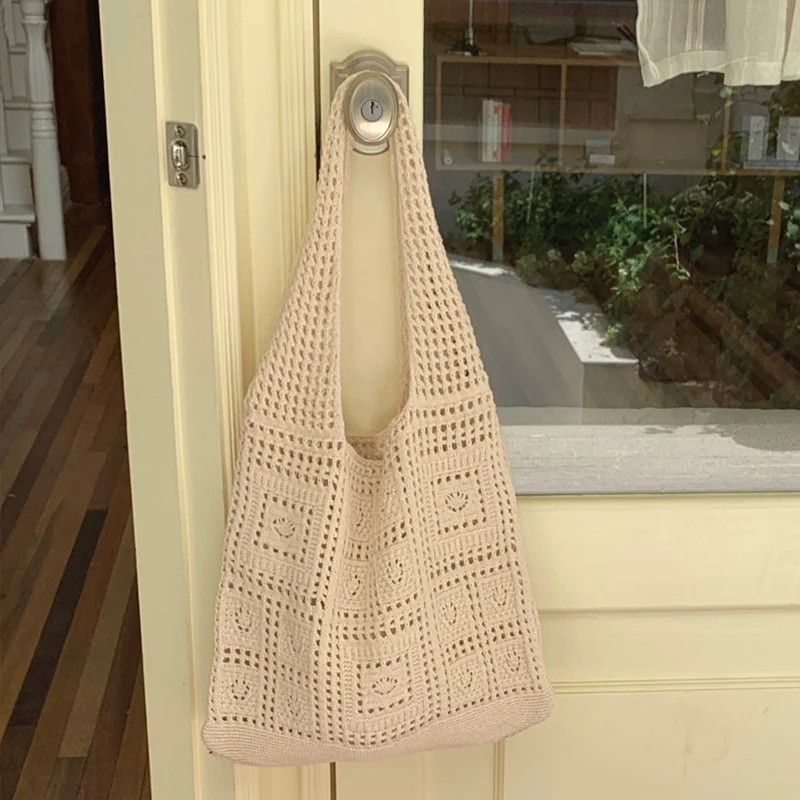 Simple Crochet Tote Bags Fashion Hollow Knitted Women's Bags Casual Female Shoulder Bags Ladies Shopping Top-Handle Bags Handbag