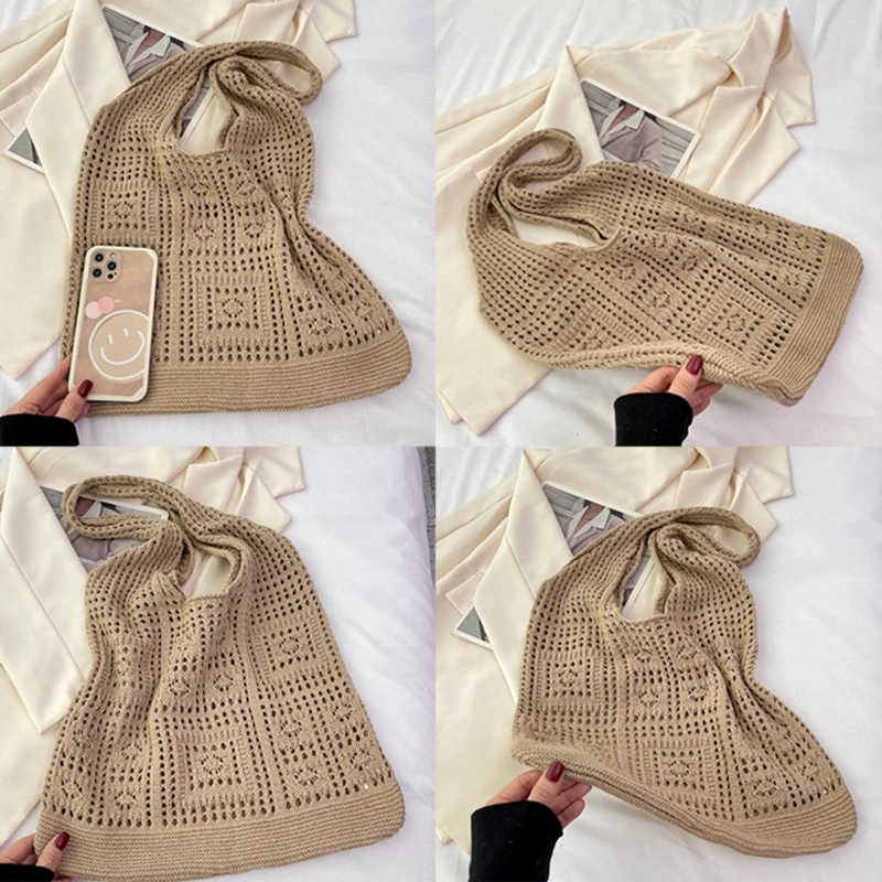 Simple Crochet Tote Bags Fashion Hollow Knitted Women's Bags Casual Female Shoulder Bags Ladies Shopping Top-Handle Bags Handbag