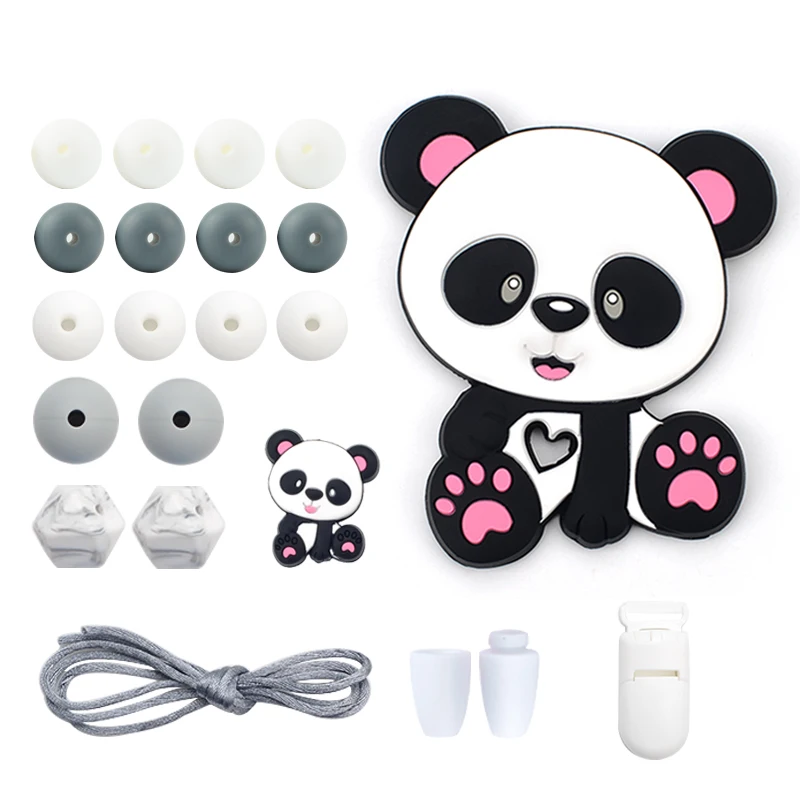 LOFCA Silicone Teether Wood Beads Set BPA Free DIY Baby Teething Necklace Toy Cartoon Koala Raccoon Pacifier Chain Clip