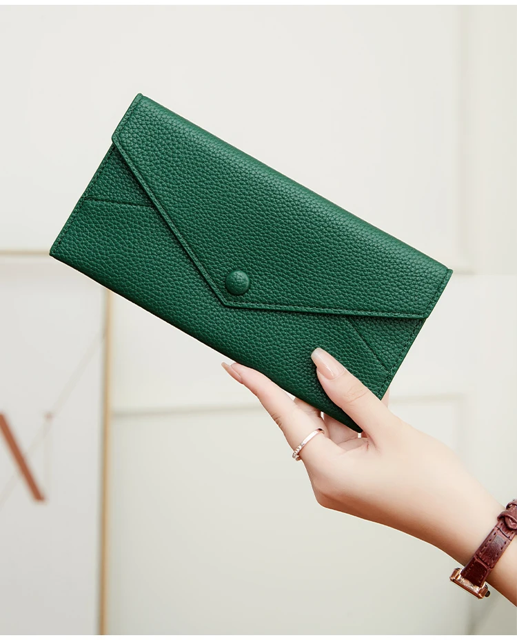 RFID Anti-Theft Purse for Women, Lychee Print, Soft Leather, Envelope Long Wallet, Ultra-thin, Portable, Simple Hand Bag