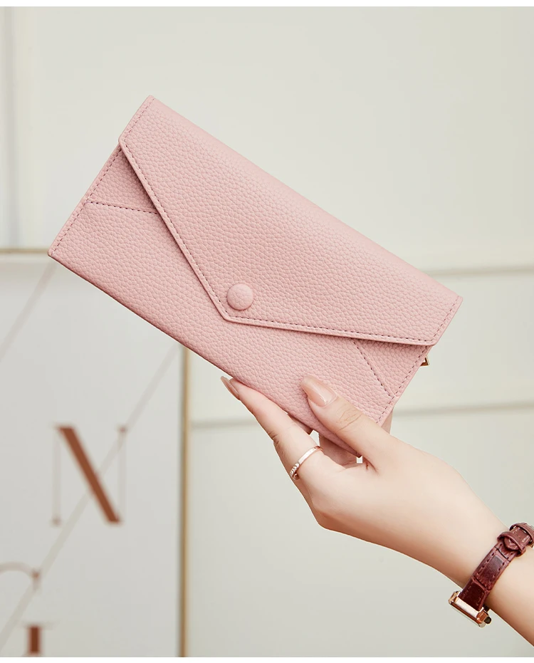 RFID Anti-Theft Purse for Women, Lychee Print, Soft Leather, Envelope Long Wallet, Ultra-thin, Portable, Simple Hand Bag