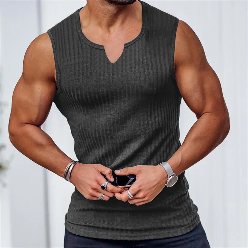 2024 Summer new men V-neck Vest stripe gym Tank top Men Fitness sleeveless shirt Sports Undershirt Gyms clothing Training vest