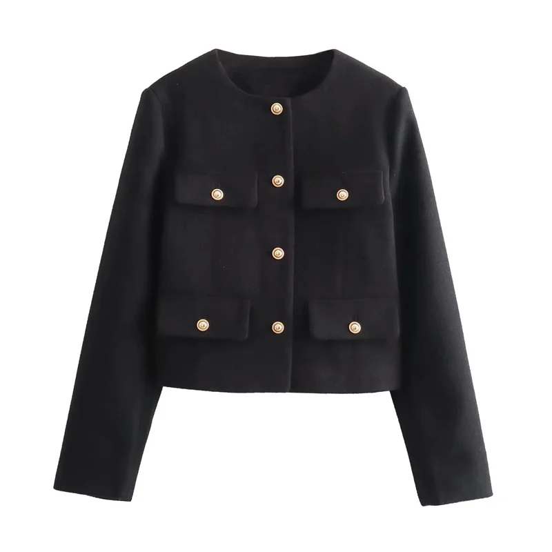 MUJER Tweed Cropped Jacket Woman Long Sleeve Vintage Jacket Woman Fashion Button Elegant Jackets For Women New In Short Coats