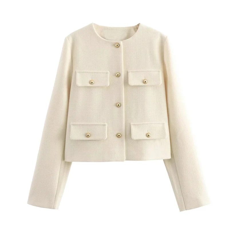 MUJER Tweed Cropped Jacket Woman Long Sleeve Vintage Jacket Woman Fashion Button Elegant Jackets For Women New In Short Coats