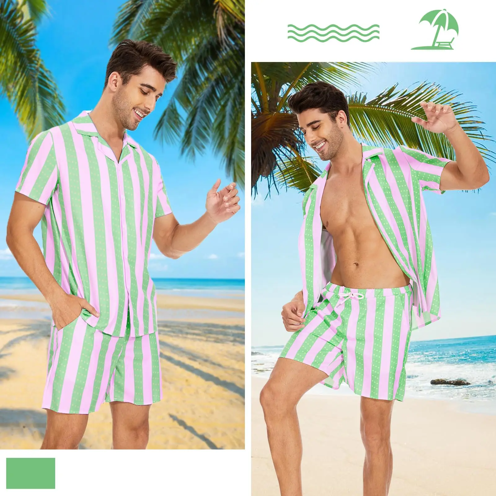 Fashion Summer Men's Short Sleeve Shorts Set Men's Solid Colour Button Down Shirt Drawstring Short Two Piece Hawaii Beach Suit