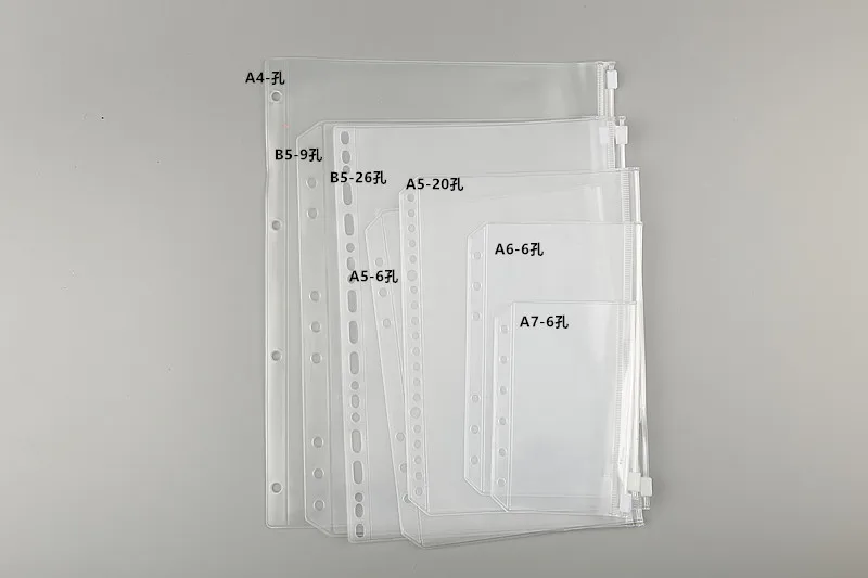 A 5A6 A7 B5 A4 Binder Zipper Folders For 6-Ring Notebook Binder Transparent Loose Leaf Document Filing Bags