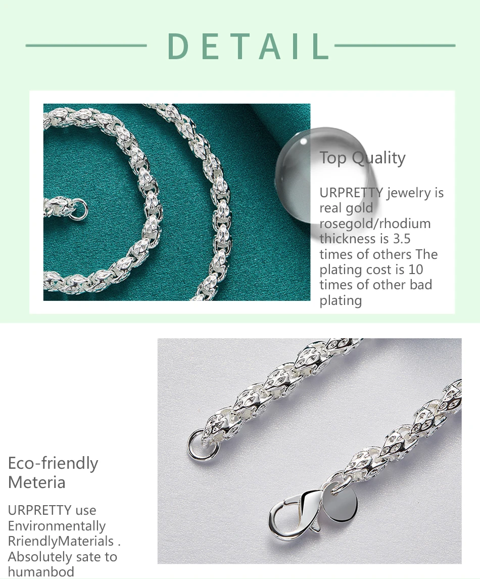 URPRETTY 925 Sterling Silver Beaded Necklace 20/24 Inch Chain For Woman Men Wedding Engagement Party Jewelry