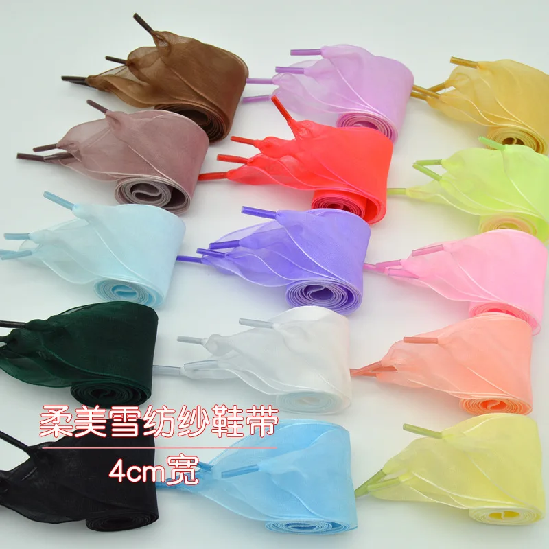 4cm Widened Transparent Chiffon Yarn Shoelaces Flat Silk Big Bow Wide Laces Trend Beauty White Casual Shoes Laces Dropship