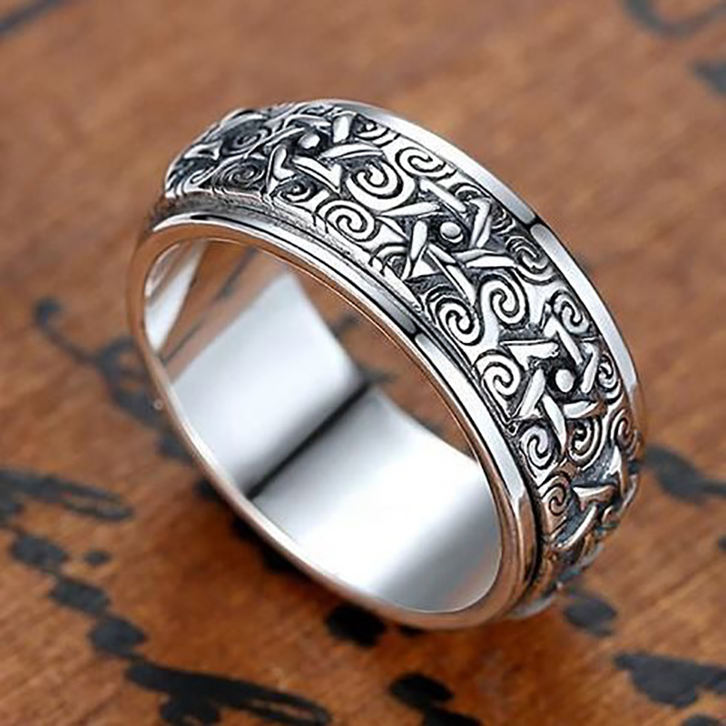 HX Silver Color Rotatable Ring Men's Sterling Silver Retro Domineering Six-pointed Star Wide Version Thai Index Finger Closed