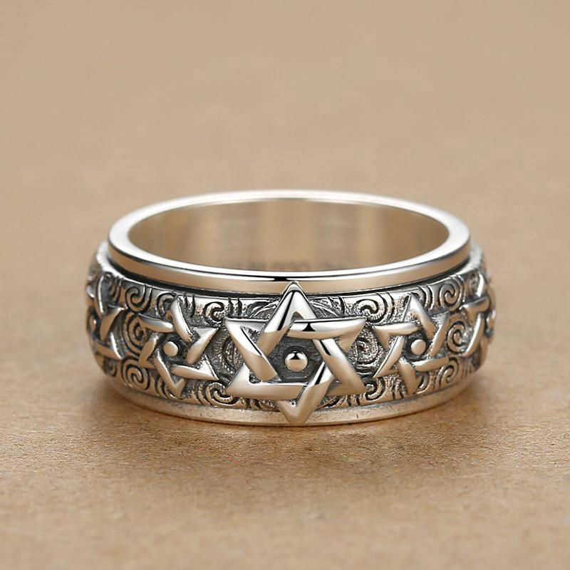 HX Silver Color Rotatable Ring Men's Sterling Silver Retro Domineering Six-pointed Star Wide Version Thai Index Finger Closed