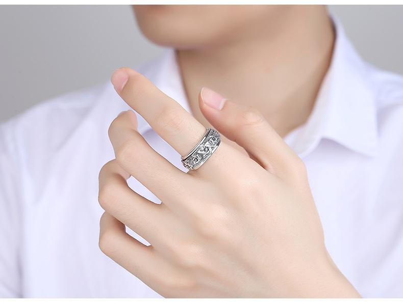 HX Silver Color Rotatable Ring Men's Sterling Silver Retro Domineering Six-pointed Star Wide Version Thai Index Finger Closed