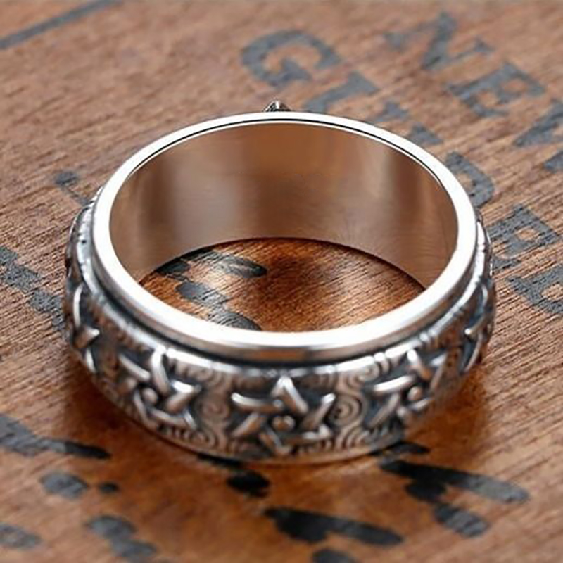 HX Silver Color Rotatable Ring Men's Sterling Silver Retro Domineering Six-pointed Star Wide Version Thai Index Finger Closed