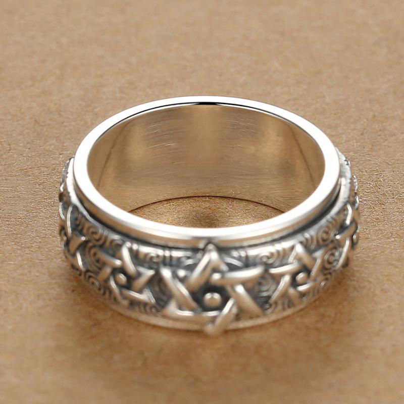 HX Silver Color Rotatable Ring Men's Sterling Silver Retro Domineering Six-pointed Star Wide Version Thai Index Finger Closed