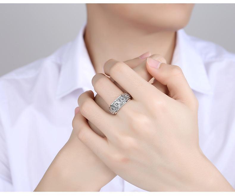 HX Silver Color Rotatable Ring Men's Sterling Silver Retro Domineering Six-pointed Star Wide Version Thai Index Finger Closed