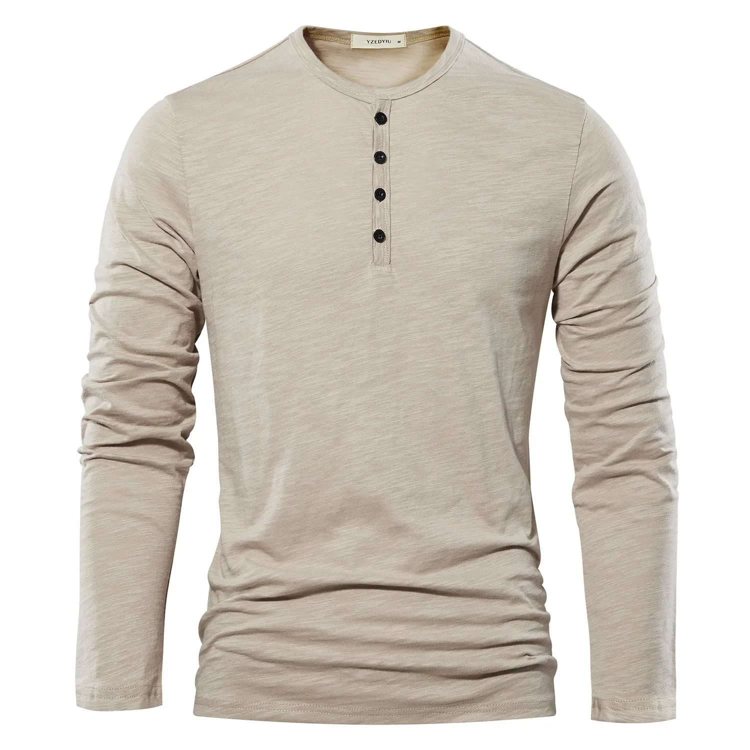 Autumn Solid Casual Mens T-shirts Henery Neck Long Sleeve T Shirt for Men Breathable Male Tops Classic Versatile Clothes