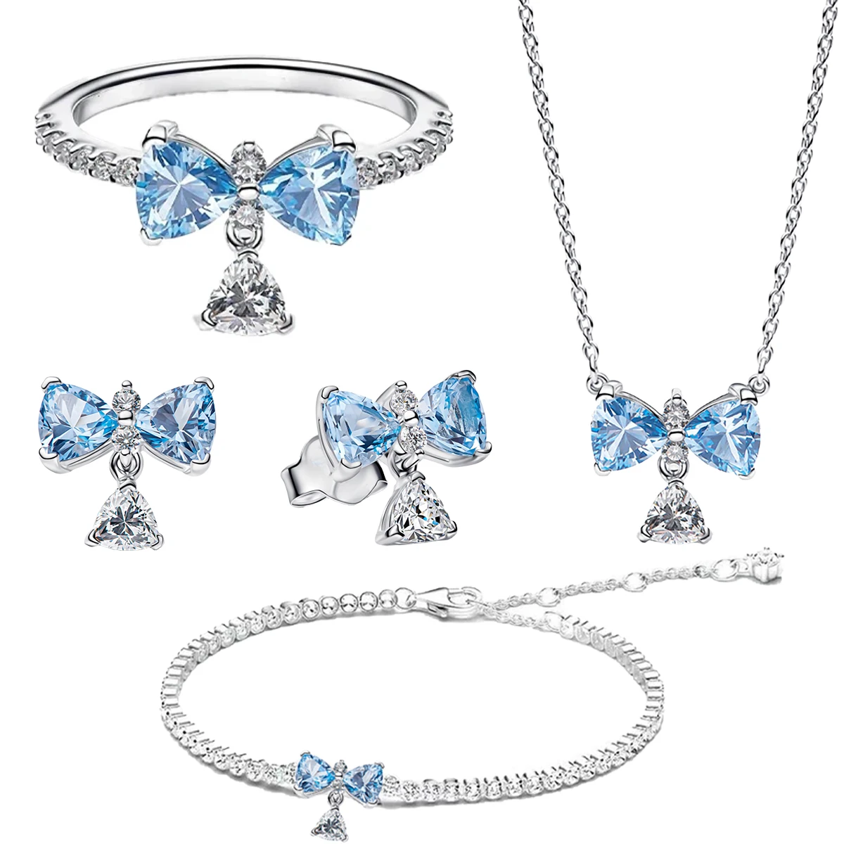 Hot Sales Original 925 Sterling Silver Blue Bow Set Earrings Ring Fit DIY Bracelet Necklace Women's Birthday Party Jewelry Set