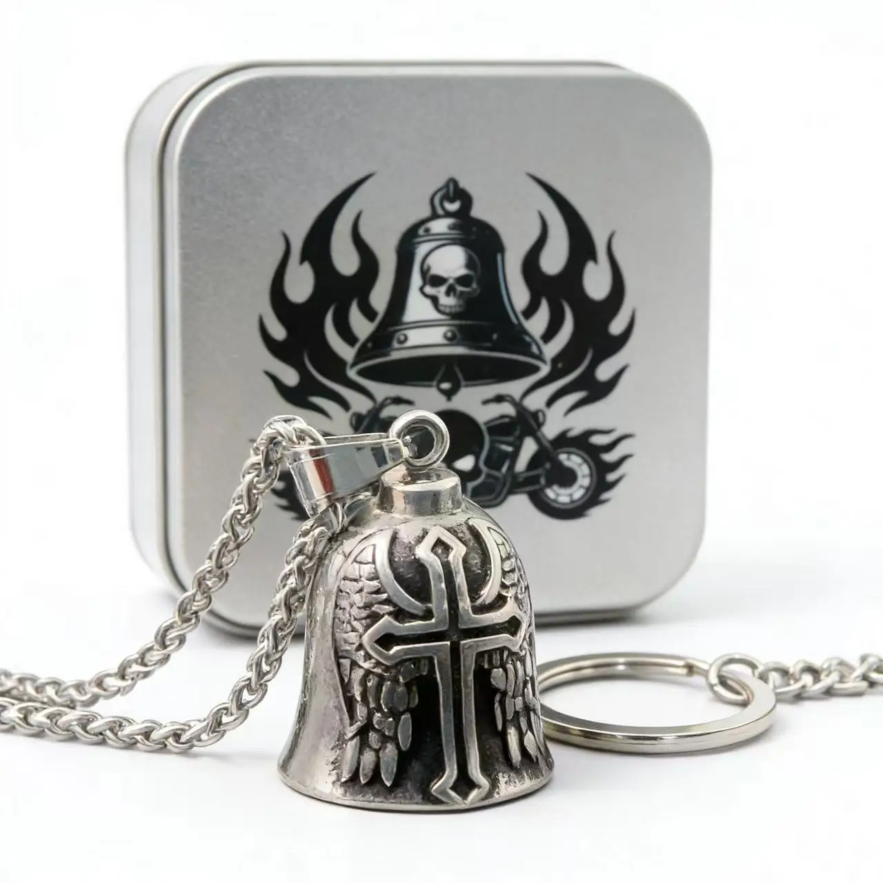 HNSP 316L Stainless Steel Gremlin Bell Biker Guardian Bell for Motorcycle, Luck Protection Pendant Men Gift Box Set