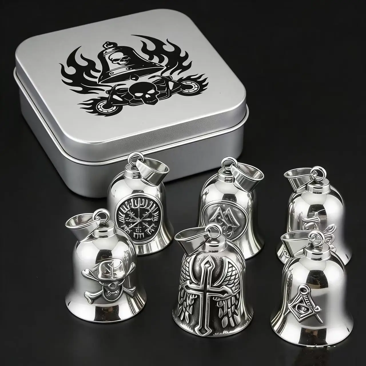 HNSP 316L Stainless Steel Gremlin Bell Biker Guardian Bell for Motorcycle, Luck Protection Pendant Men Gift Box Set
