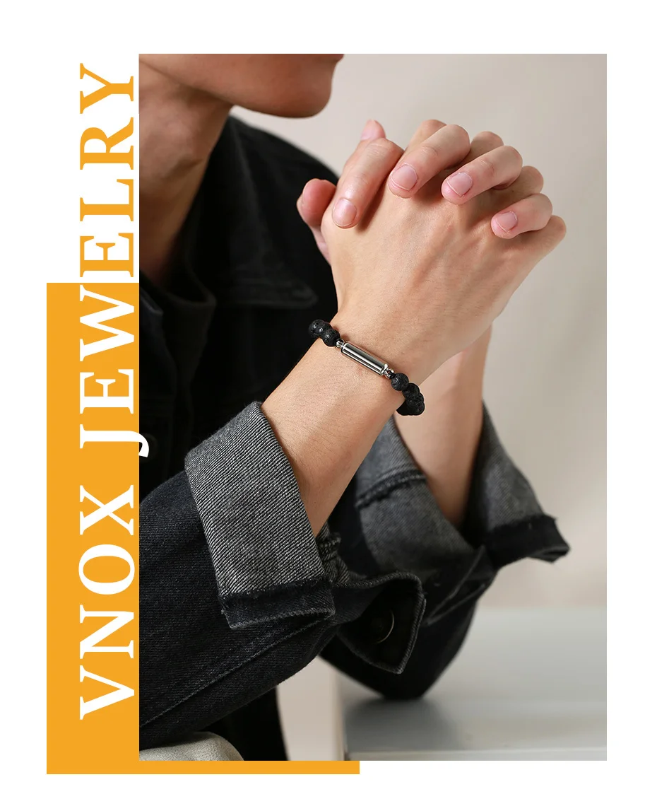 Vnox Men's Casual Lava Stone Beads Urn Bracelets for Ashes, Hollow Tube Cremation Keepsake Memorial Jewelry,Length Adjustable