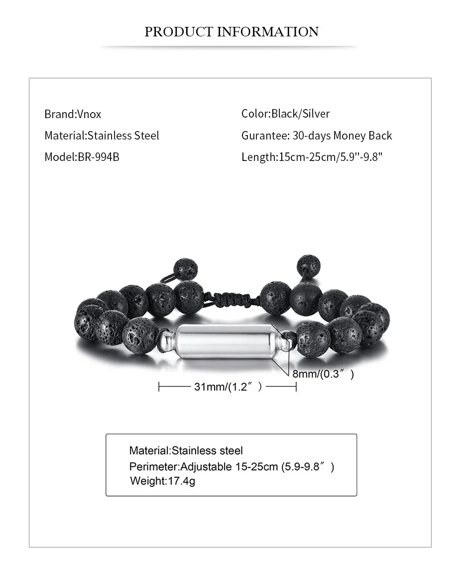 Vnox Men's Casual Lava Stone Beads Urn Bracelets for Ashes, Hollow Tube Cremation Keepsake Memorial Jewelry,Length Adjustable