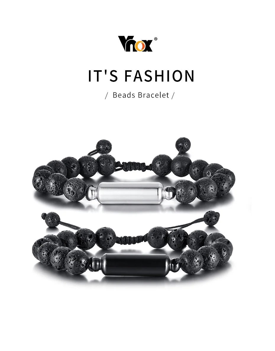 Vnox Men's Casual Lava Stone Beads Urn Bracelets for Ashes, Hollow Tube Cremation Keepsake Memorial Jewelry,Length Adjustable