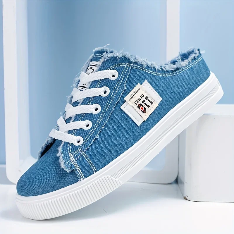 Women's Fashion Flat Sneakers Casual Lace Up Round Toe Non Slip Canvas Shoes Casual Walking Slides Shoes