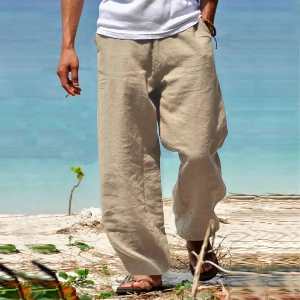 Men's Beach Pants Breathable Loose Straight Trousers Male Summer Casual Solid Color Japanese Streetwear