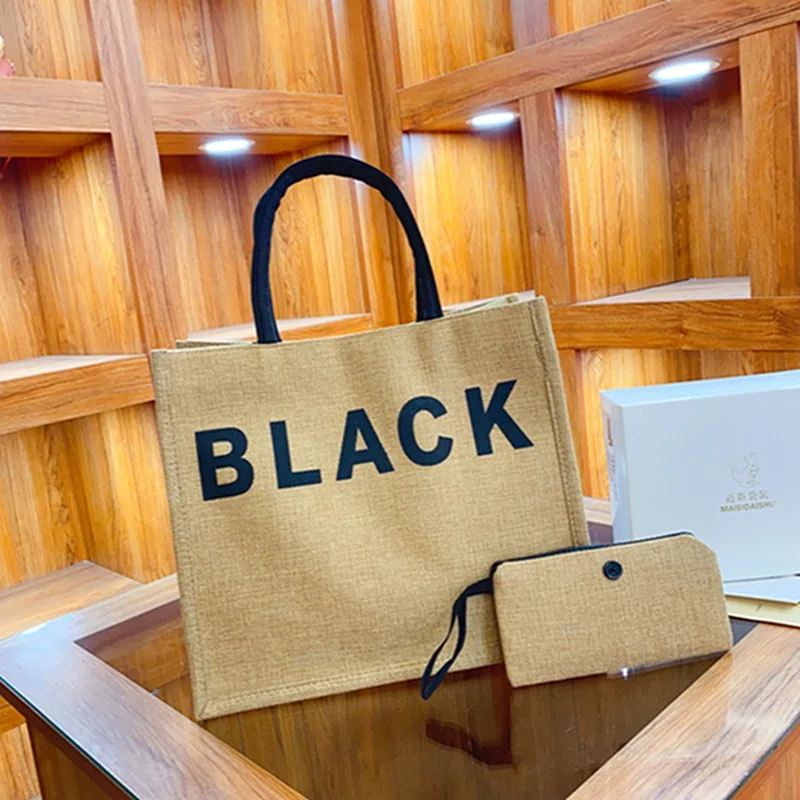 2 Pcs Linen Tote Bag Large Capacity Canvas Handbag Shopping Bags Makeup Bag Coin Purse for Wedding Birthday Gift Beach Vacation