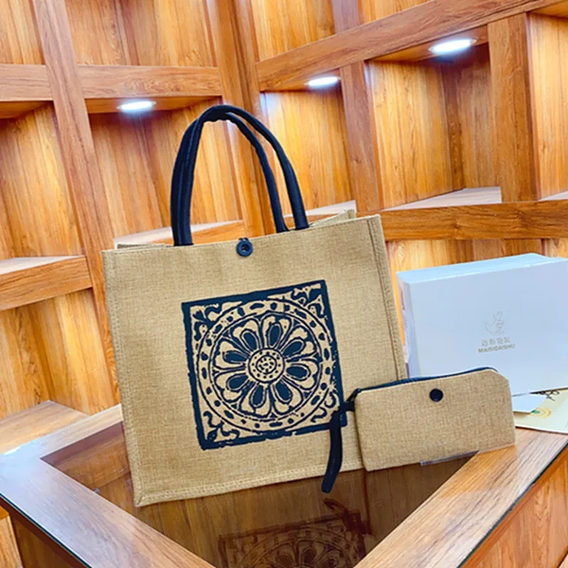 2 Pcs Linen Tote Bag Large Capacity Canvas Handbag Shopping Bags Makeup Bag Coin Purse for Wedding Birthday Gift Beach Vacation