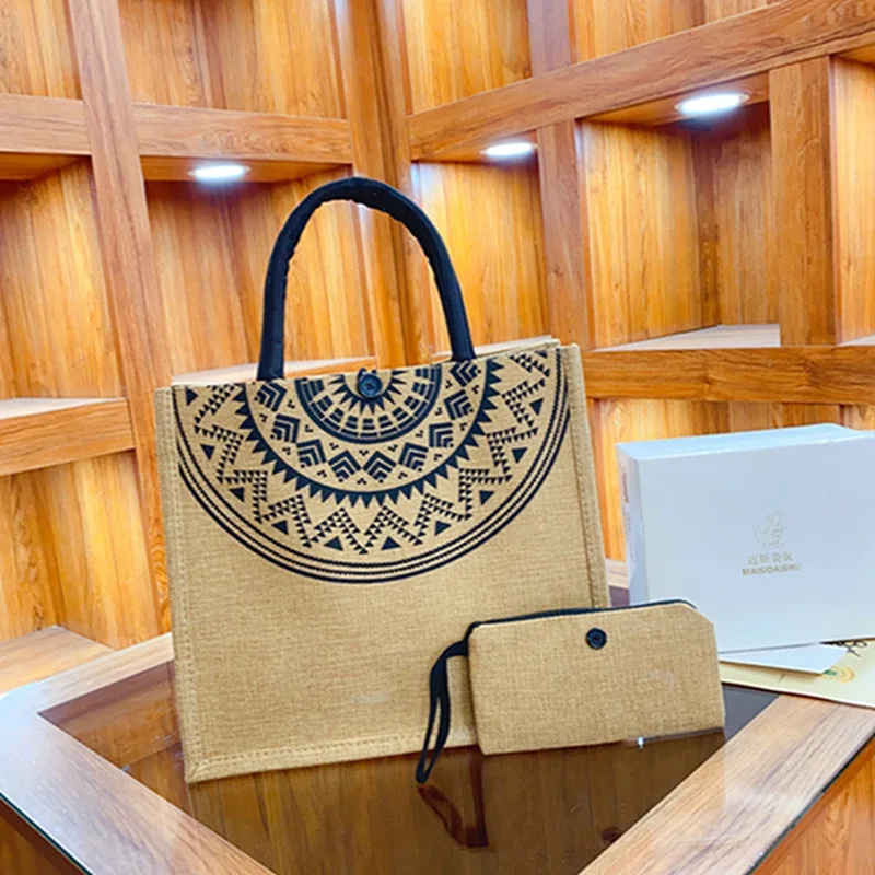 2 Pcs Linen Tote Bag Large Capacity Canvas Handbag Shopping Bags Makeup Bag Coin Purse for Wedding Birthday Gift Beach Vacation