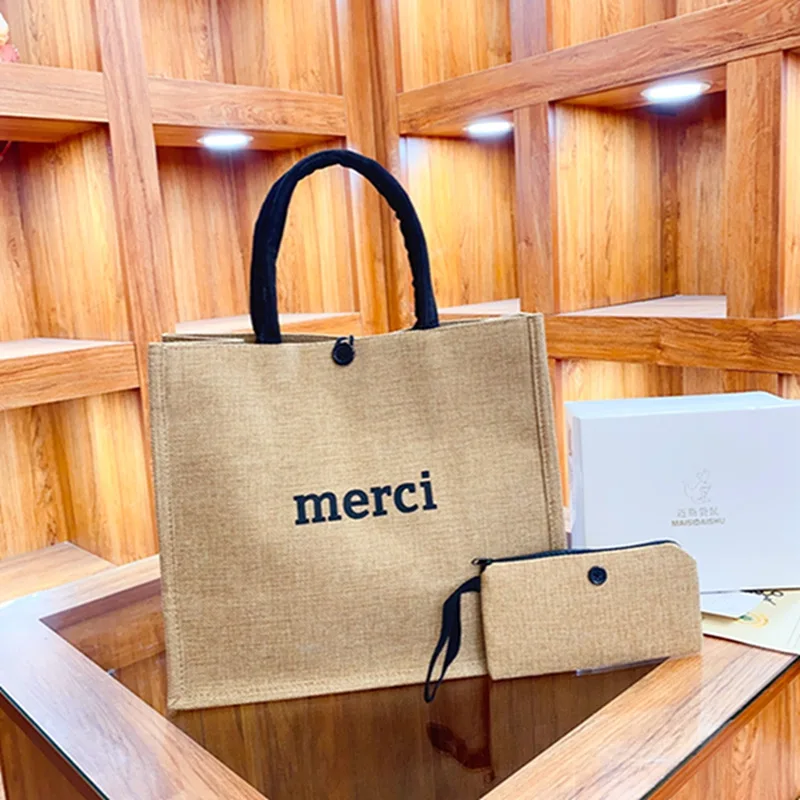 2 Pcs Linen Tote Bag Large Capacity Canvas Handbag Shopping Bags Makeup Bag Coin Purse for Wedding Birthday Gift Beach Vacation