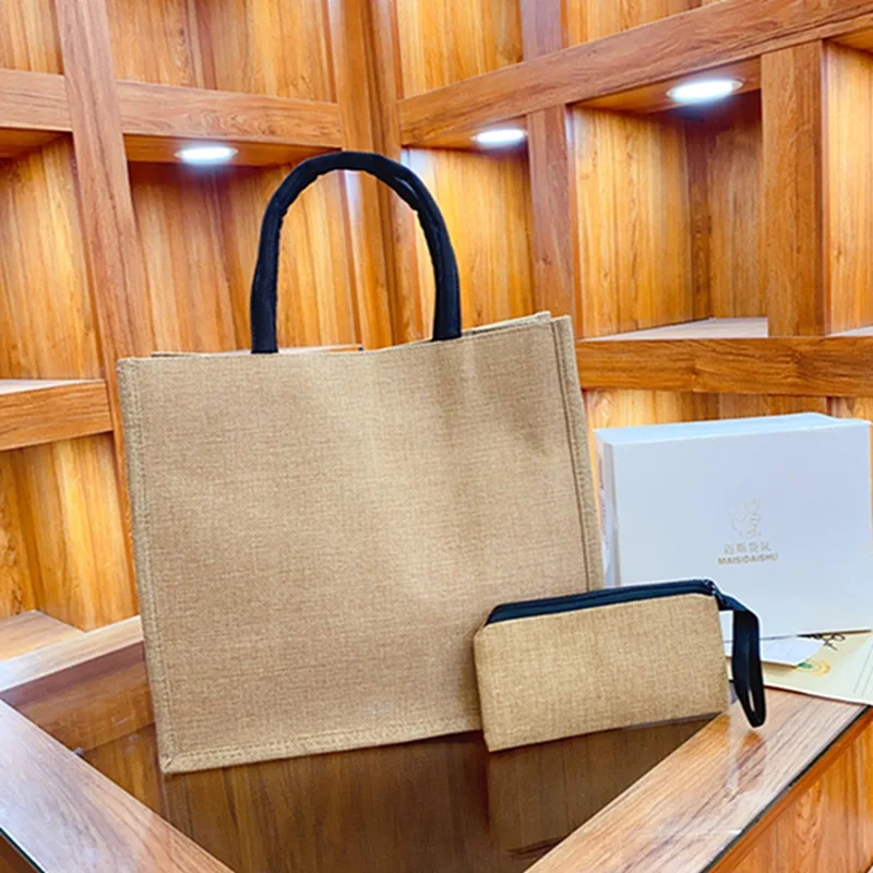2 Pcs Linen Tote Bag Large Capacity Canvas Handbag Shopping Bags Makeup Bag Coin Purse for Wedding Birthday Gift Beach Vacation