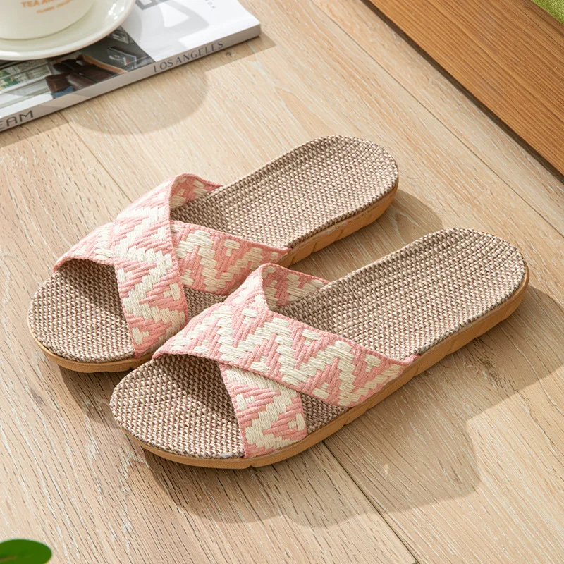 Summer Linen Slippers for Women Indoor Ladies Home Anti-Slip Thick Sole Linen Shoes Use Four Seasons Cool Slippers Slides