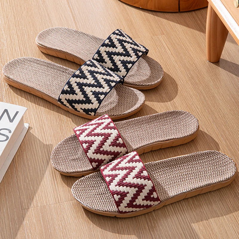 Summer Linen Slippers for Women Indoor Ladies Home Anti-Slip Thick Sole Linen Shoes Use Four Seasons Cool Slippers Slides