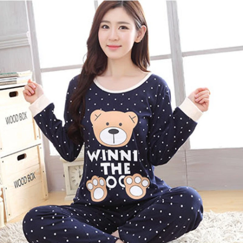 Autumn Thin 2Pieces Pyjamas Set Women 2026 Round Neck Girls Bear Pajamas Sets Teacup Cat Full Sleepwear Tops lovers Pajama Mujer