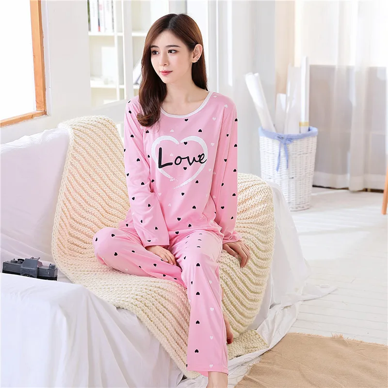 Autumn Thin 2Pieces Pyjamas Set Women 2026 Round Neck Girls Bear Pajamas Sets Teacup Cat Full Sleepwear Tops lovers Pajama Mujer