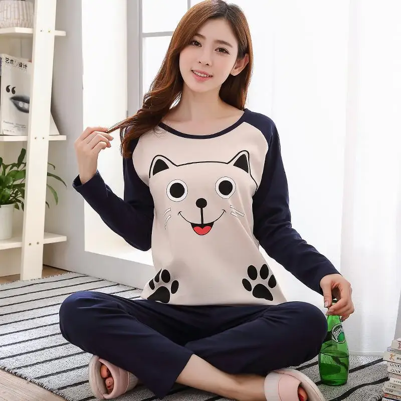 Autumn Thin 2Pieces Pyjamas Set Women 2026 Round Neck Girls Bear Pajamas Sets Teacup Cat Full Sleepwear Tops lovers Pajama Mujer