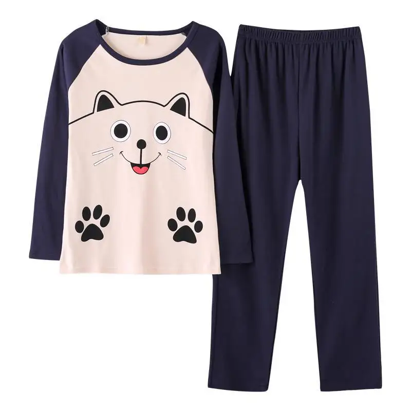 Autumn Thin 2Pieces Pyjamas Set Women 2026 Round Neck Girls Bear Pajamas Sets Teacup Cat Full Sleepwear Tops lovers Pajama Mujer
