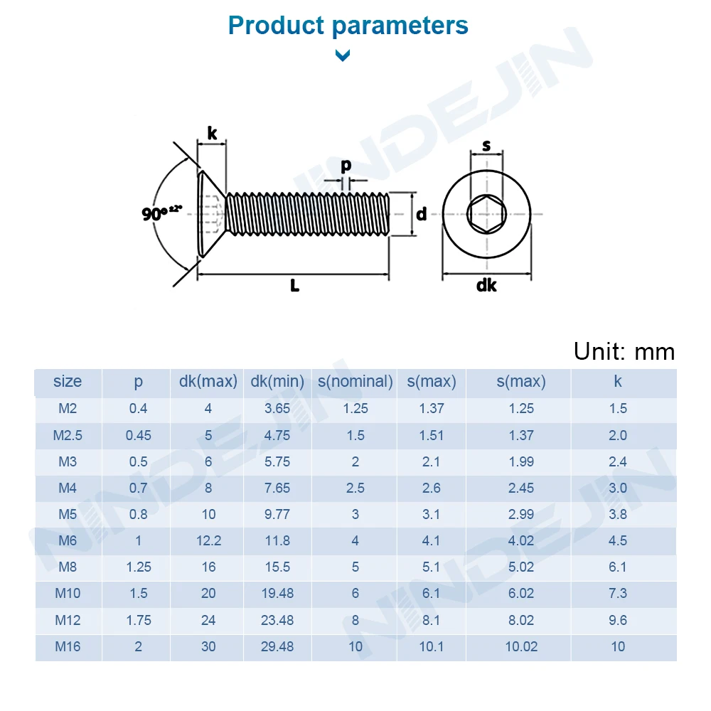 NINDEJIN Hexagon Socket Flat Head Screw Carbon Steel M1.6 M2 M2.5 M3 M4 M5 M6 M8 M10 M12 Allen Bolts Machine Screw